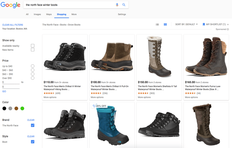 Google Shopping results tab